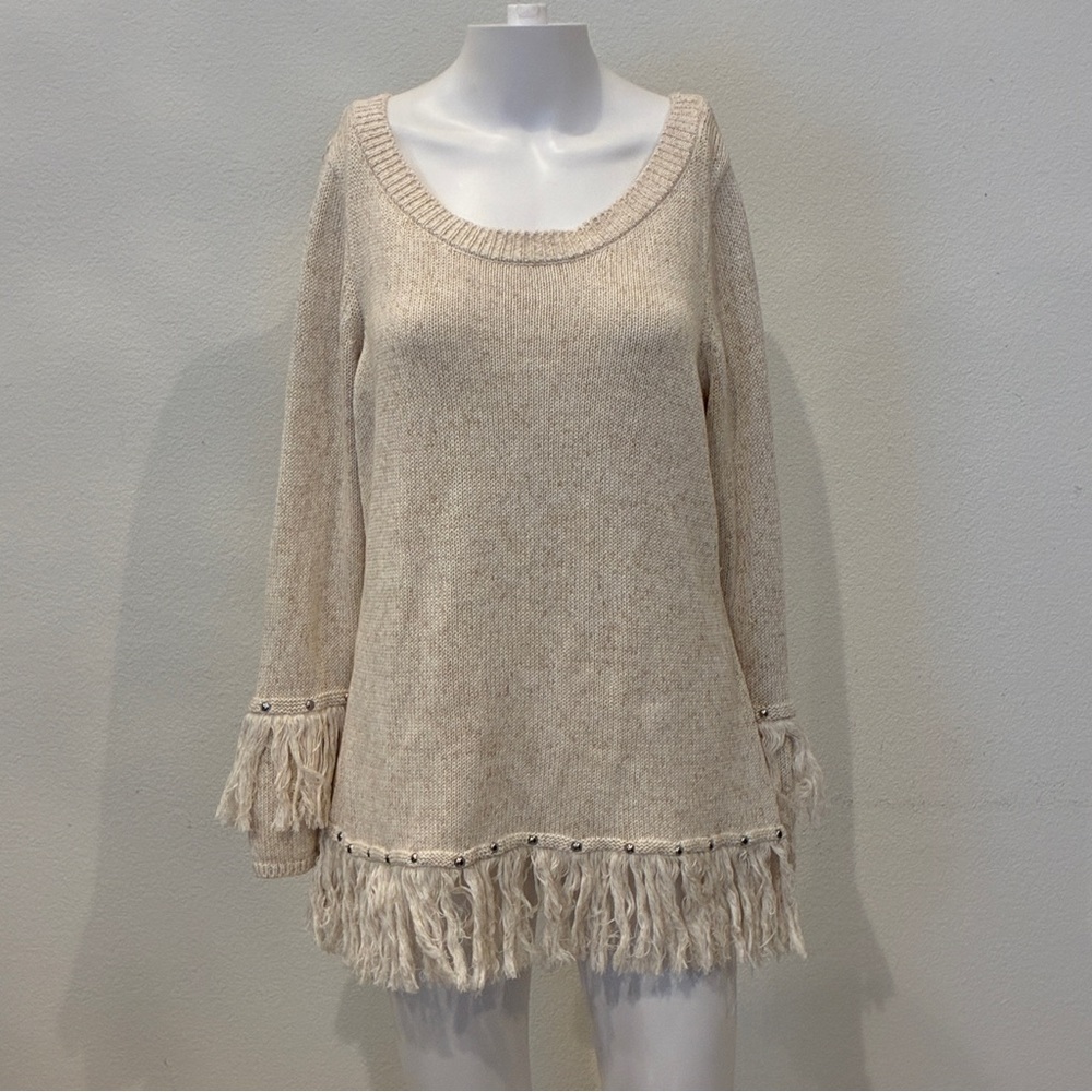 Reba Fringe Sweater‎ M Cotton Scoop Neck Boho Tunic Beige Western